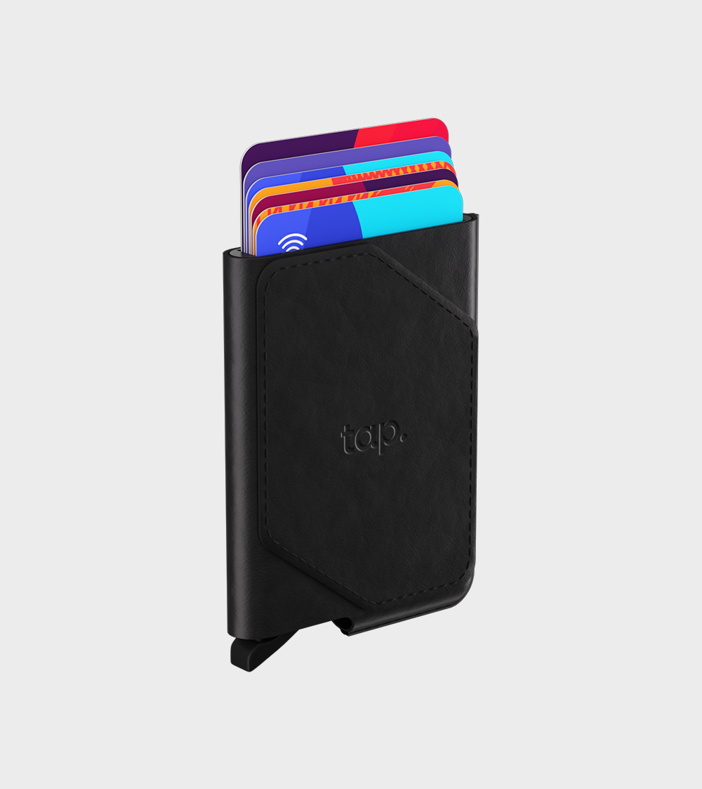 Black leather pop-up cardholder with colorful cards inside on a white background