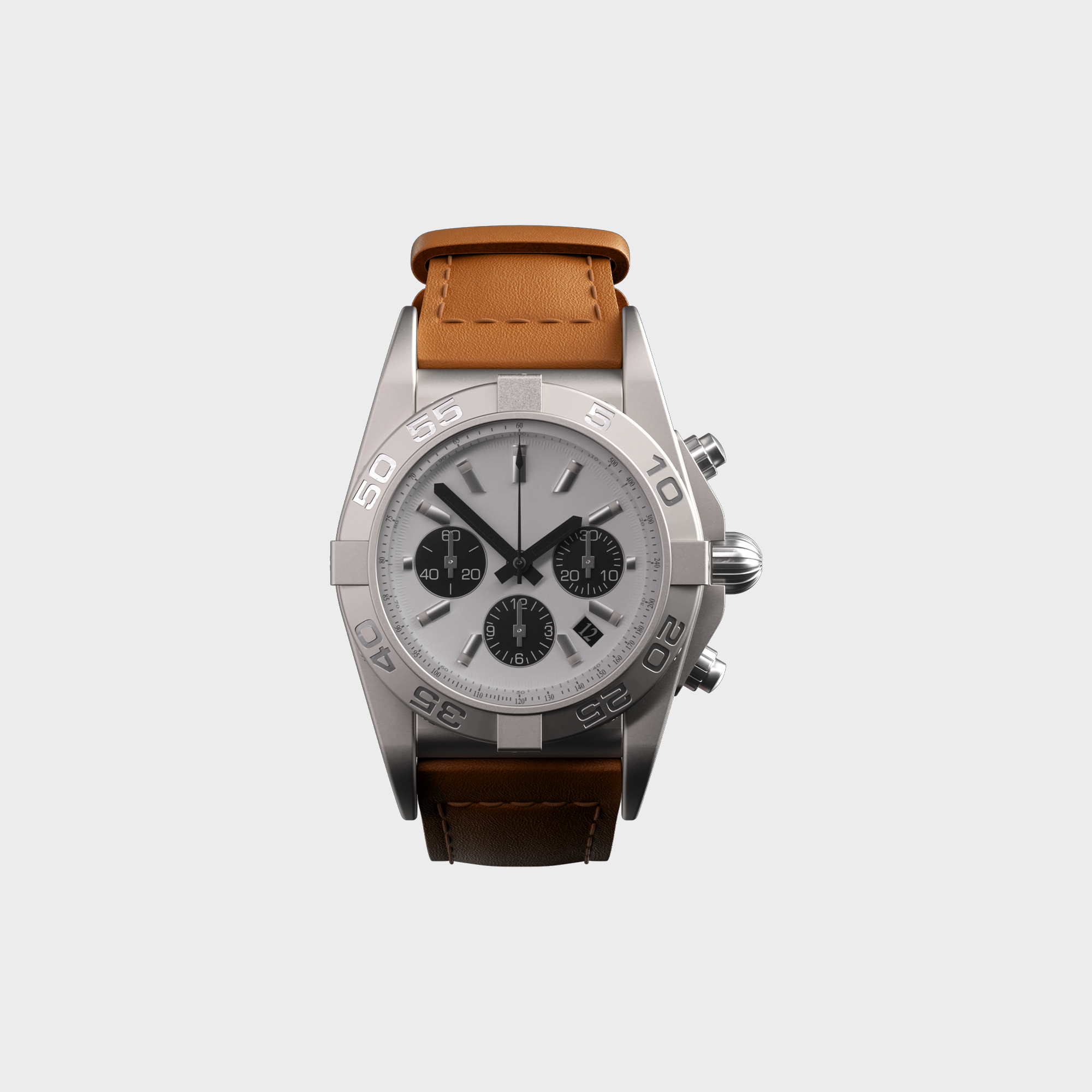 Luxury stainless steel chronograph watch with brown leather strap isolated on white background.