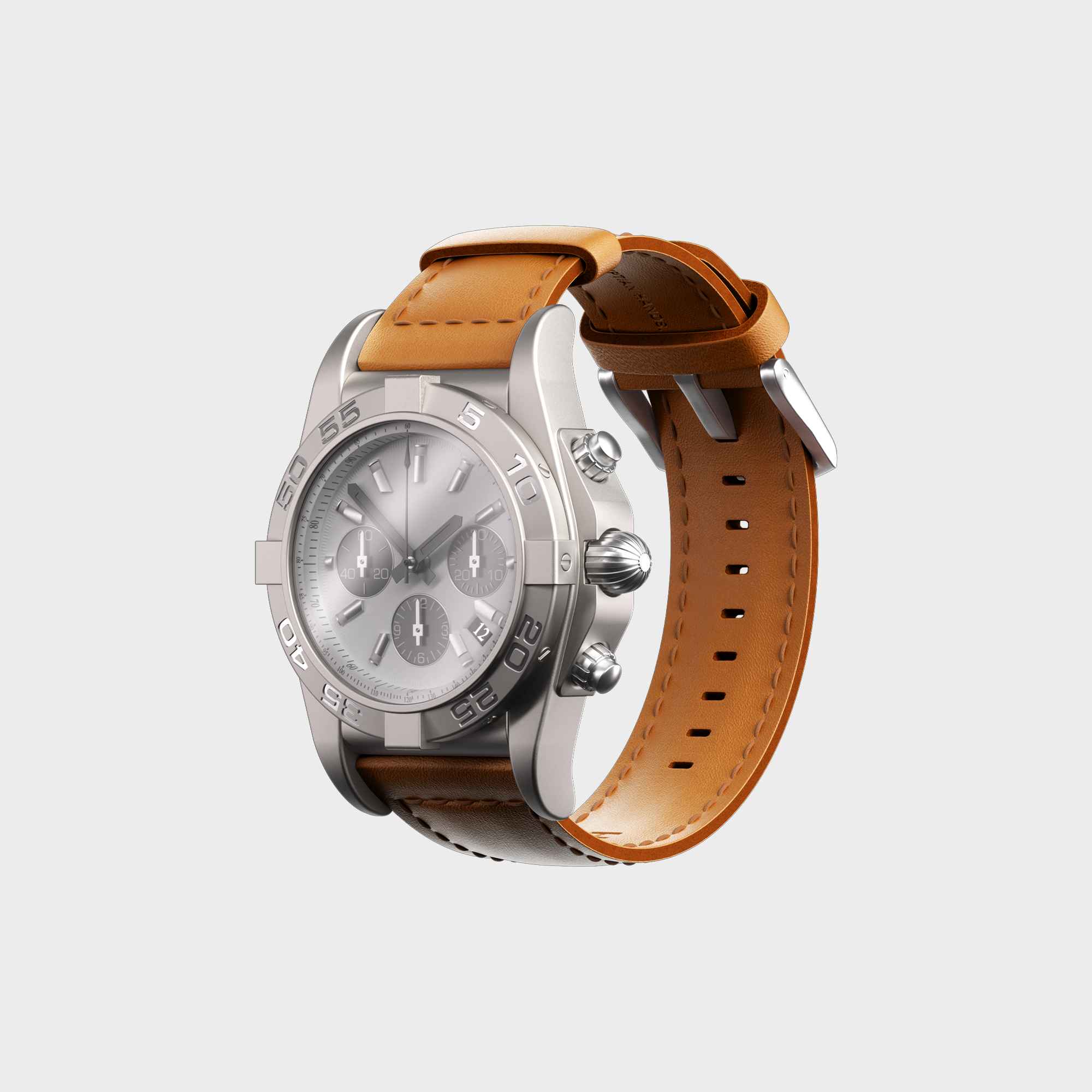 Luxury stainless steel chronograph watch with tan leather strap on a white background.