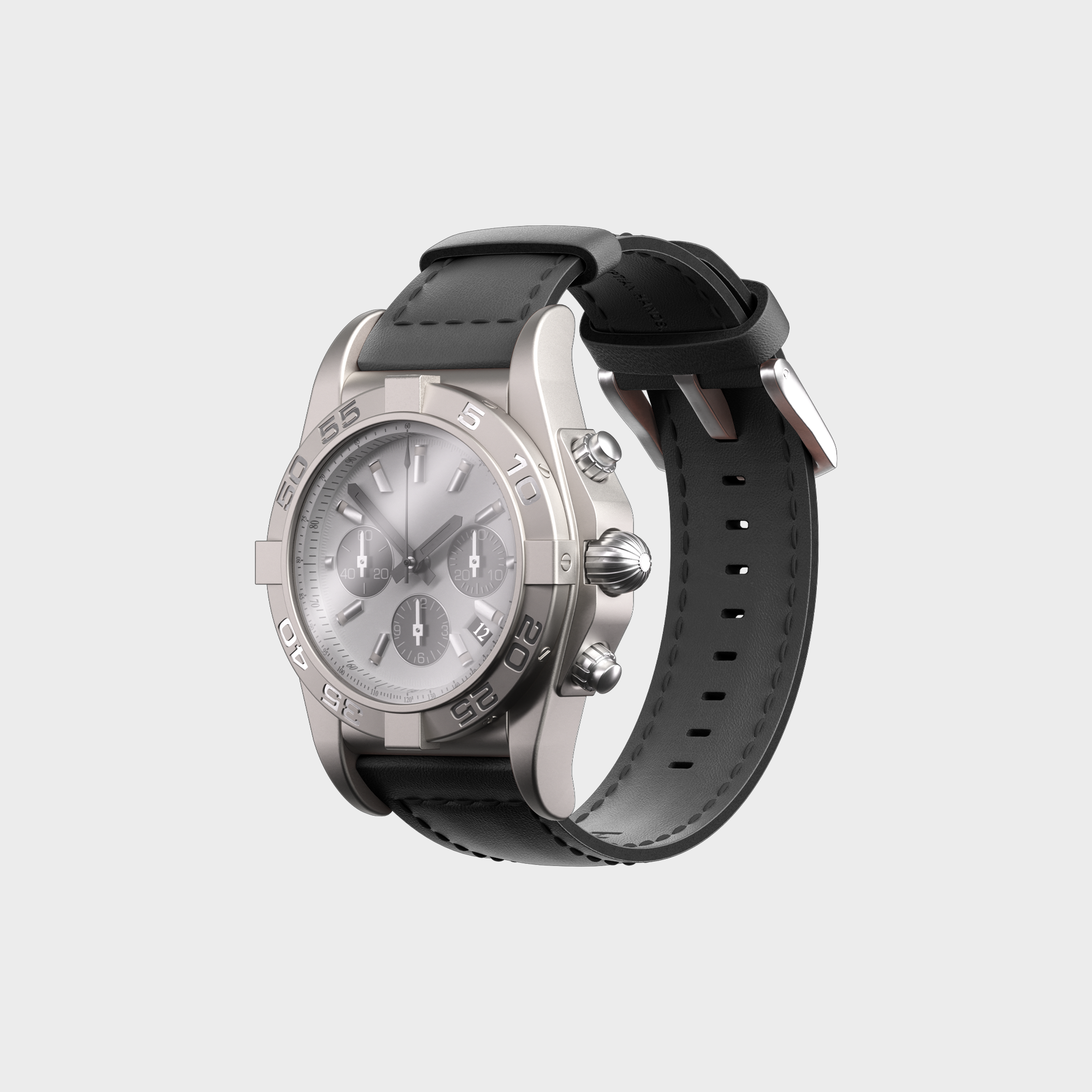Luxury silver chronograph watch with black leather strap on a white background.