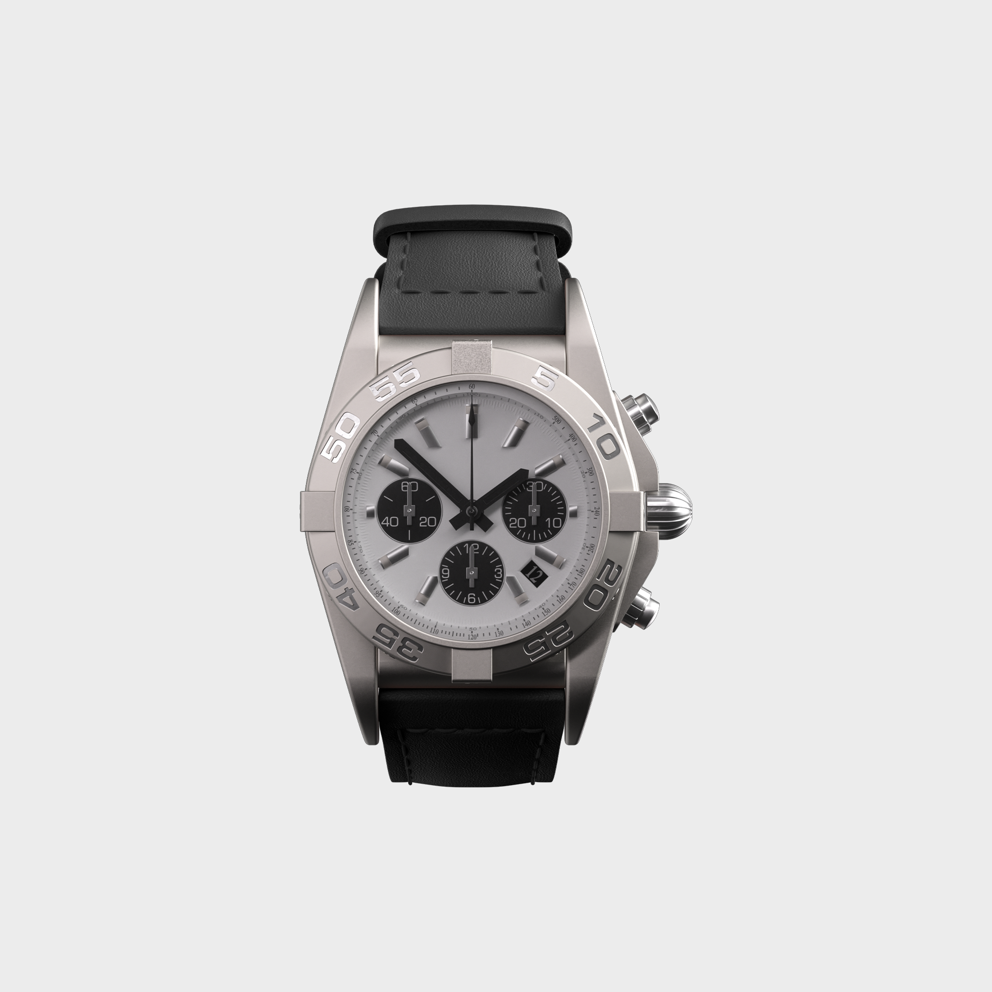Luxury stainless steel chronograph watch with black leather strap on a white background.