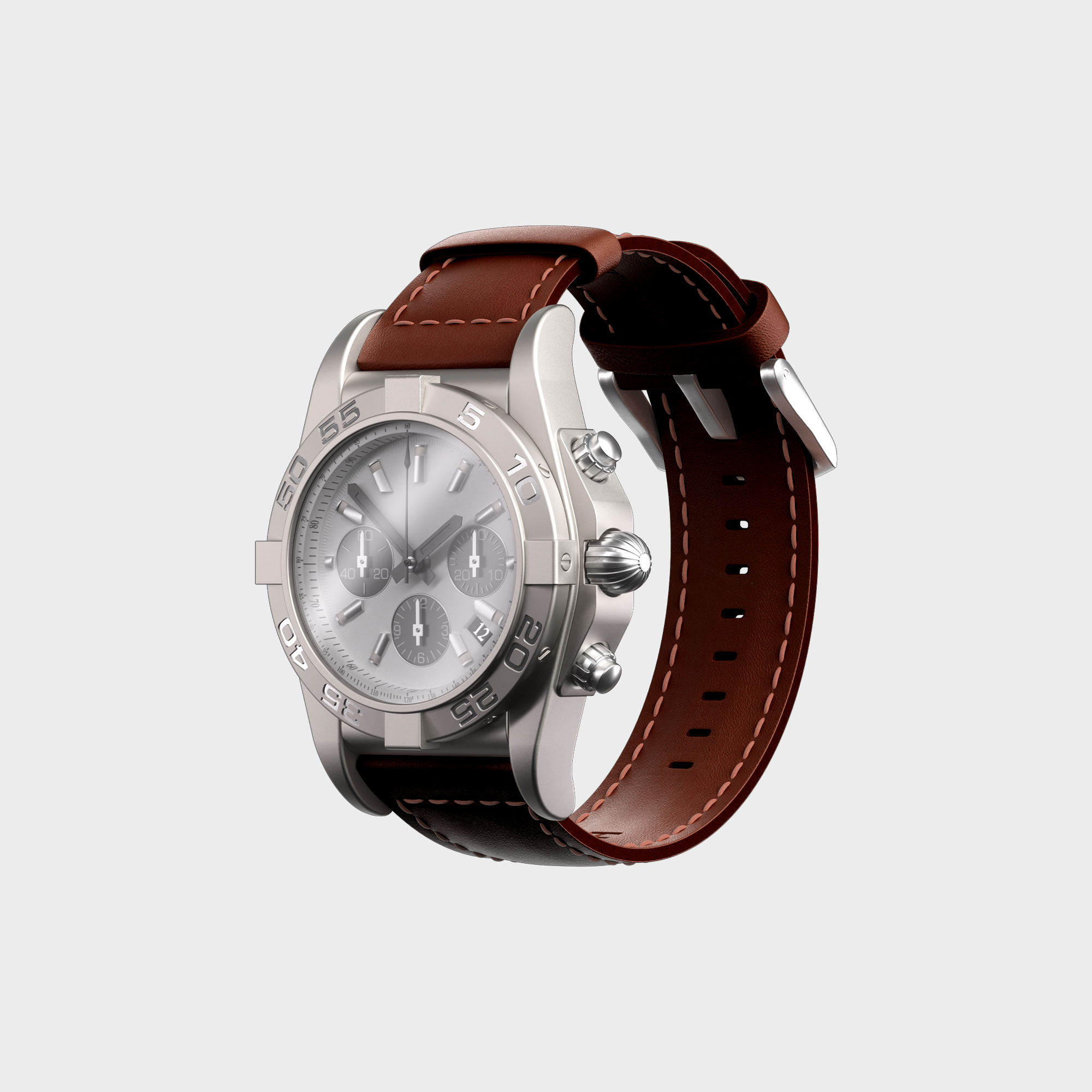 Luxury stainless steel chronograph watch with brown leather strap on a white background.