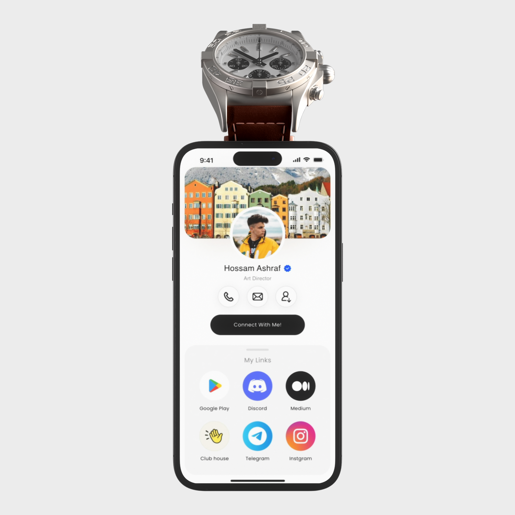 Luxury watch resting on top of a smartphone showing a personal profile with social media icons.