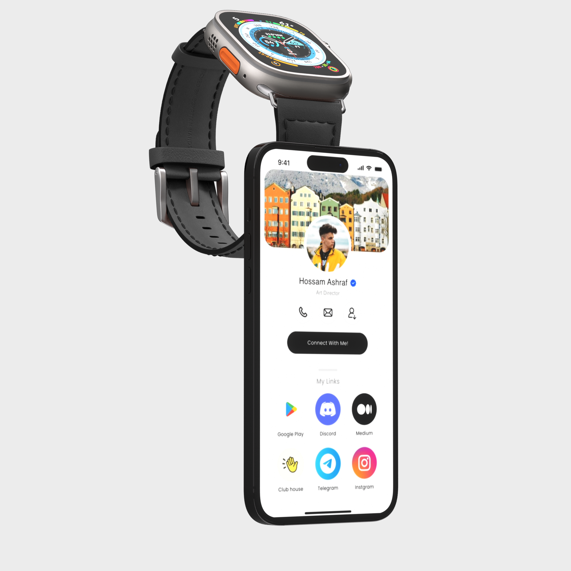 Smartwatch with black strap beside smartphone displaying profile and social media apps on screen.
