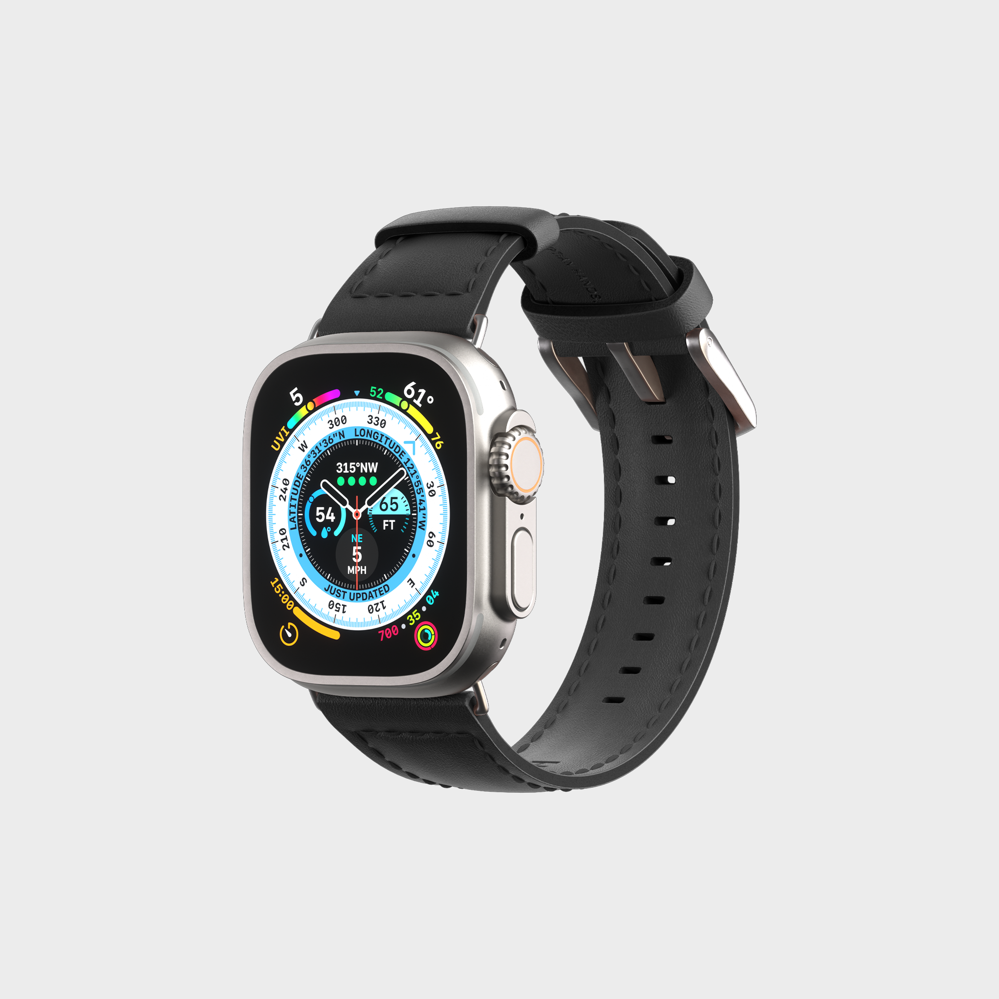 Smartwatch with fitness tracker interface on a black strap isolated on white background.