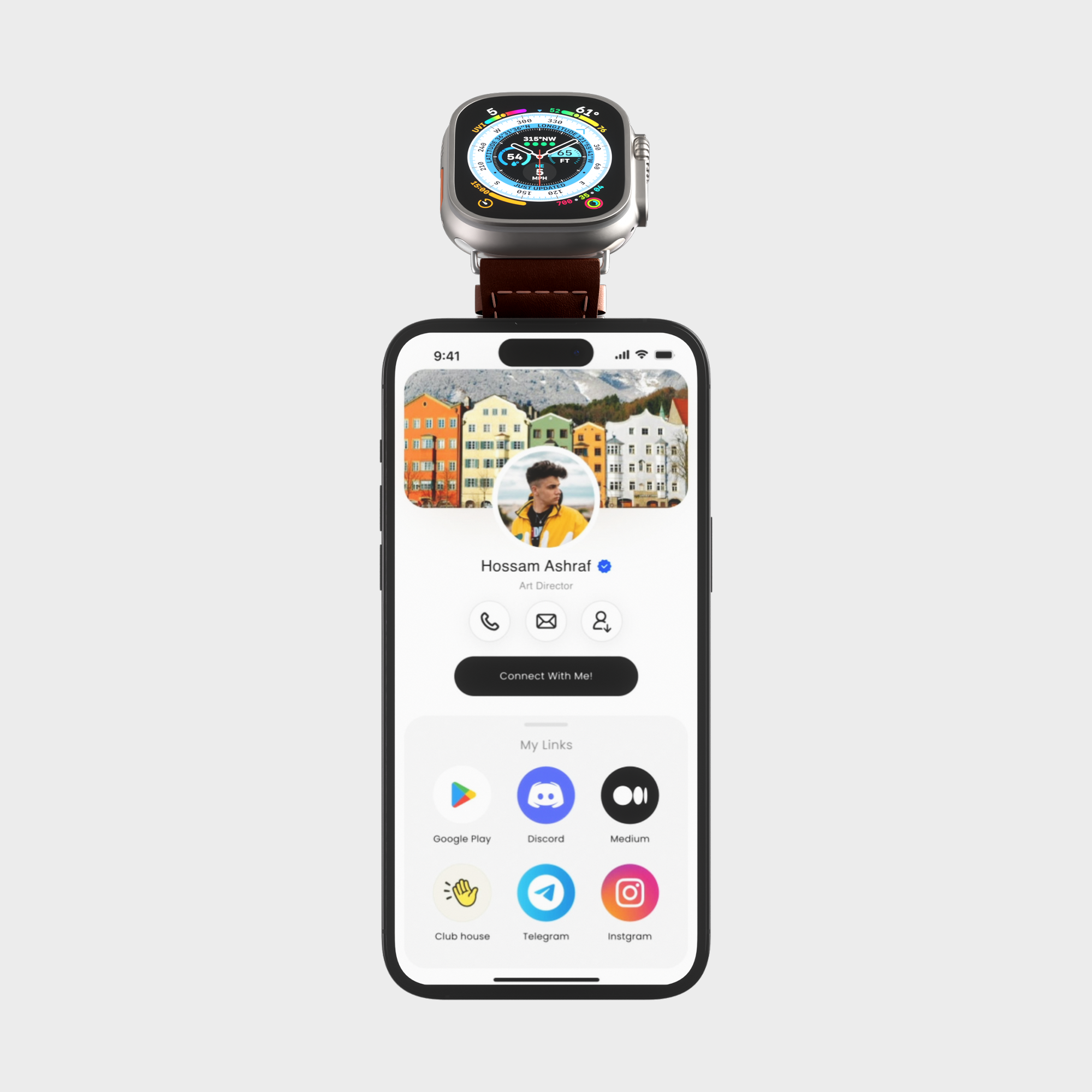 Smartwatch on top of a smartphone showing social media profile and app icons.