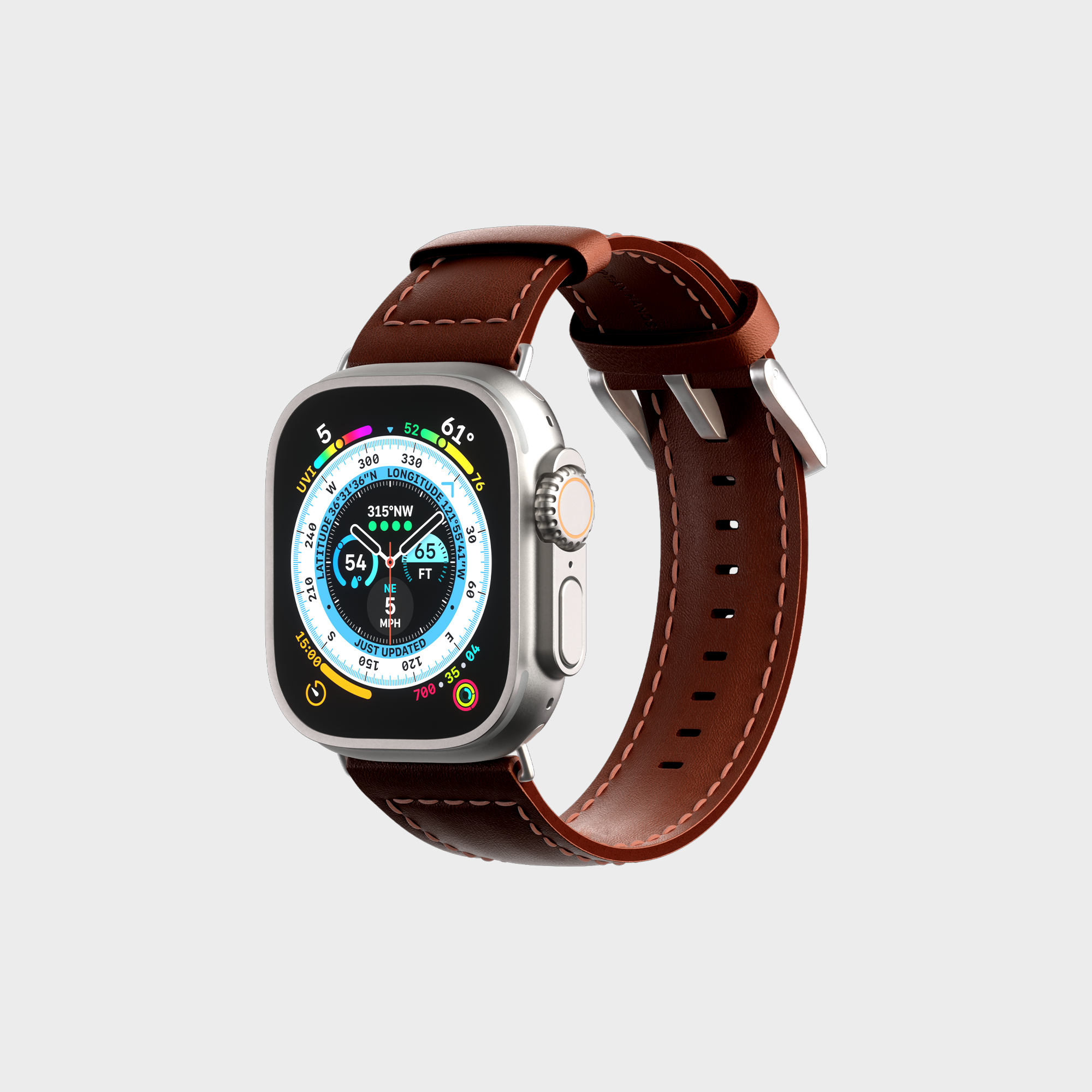 Smartwatch with health tracking features and brown leather strap on a white background.