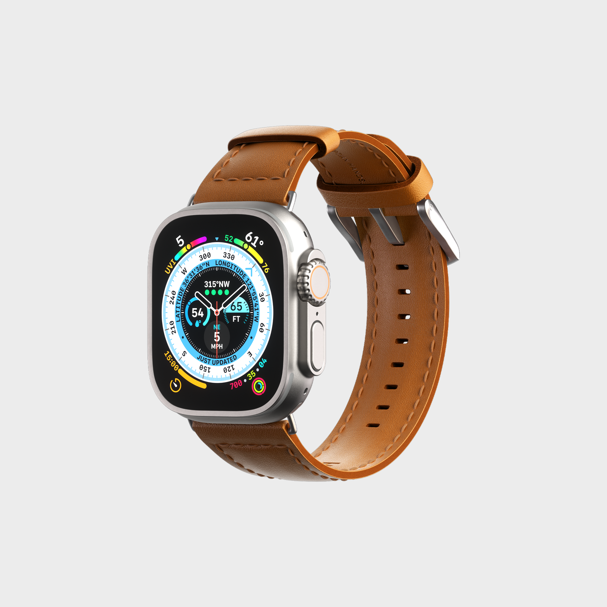 Smartwatch with leather strap and digital compass display on white background.