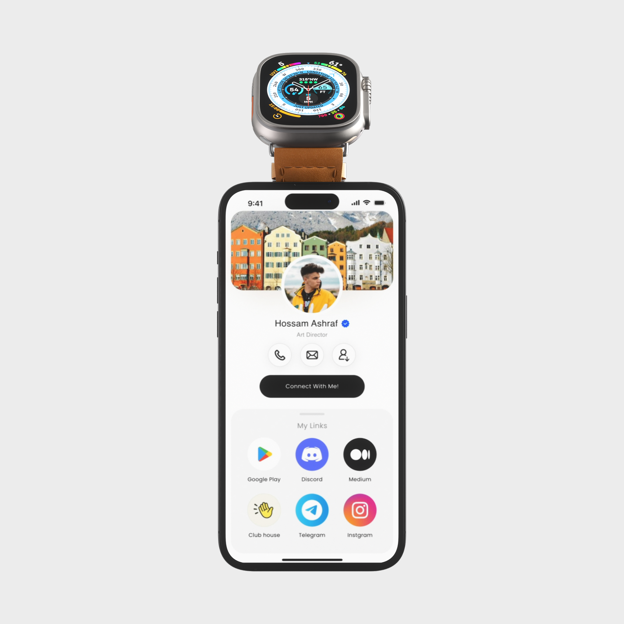 Smartwatch over smartphone displaying personal profile and social media apps.