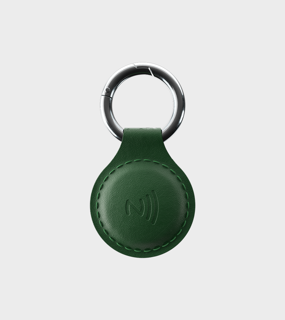 Leather keychain with NFC icon and silver ring isolated