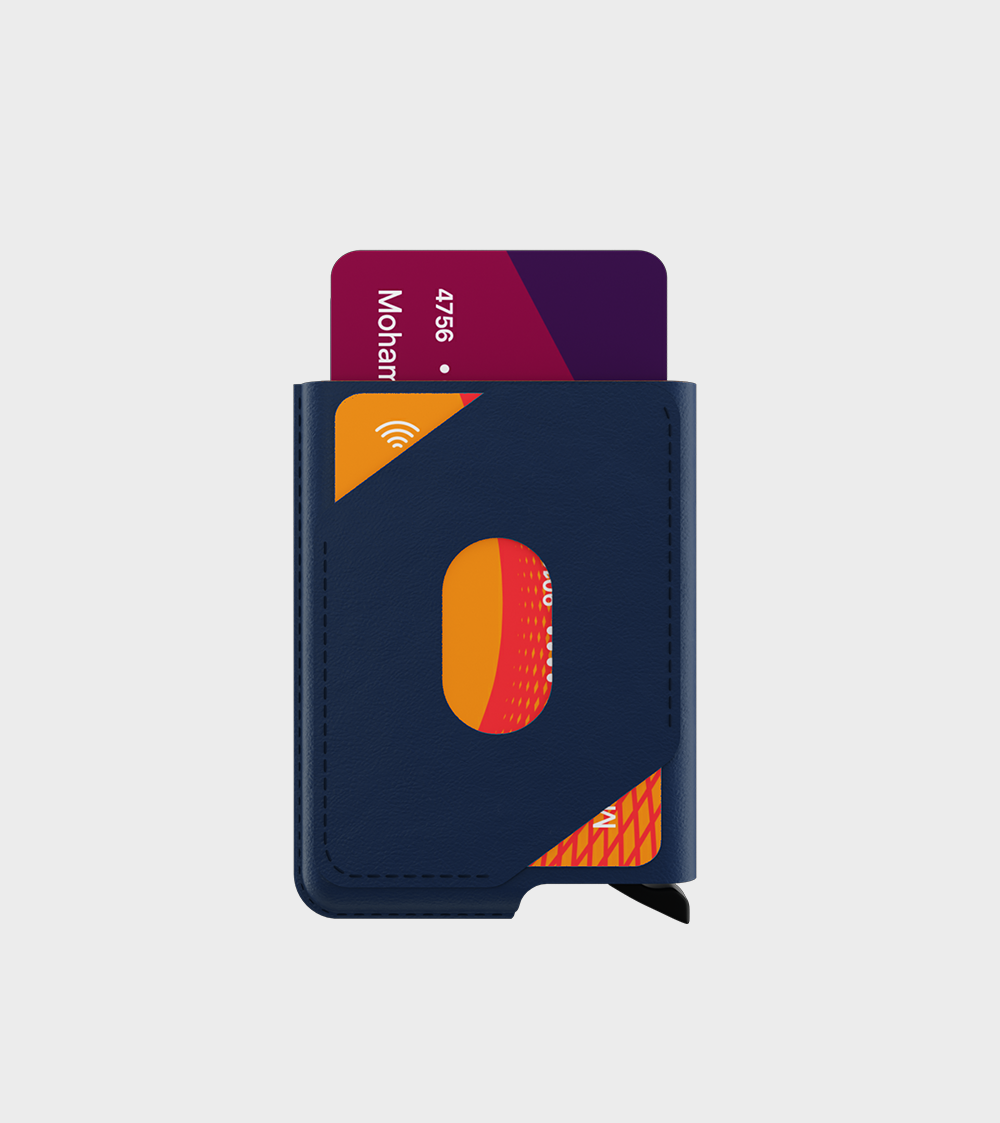 Navy blue cardholder wallet with contactless credit cards showing.