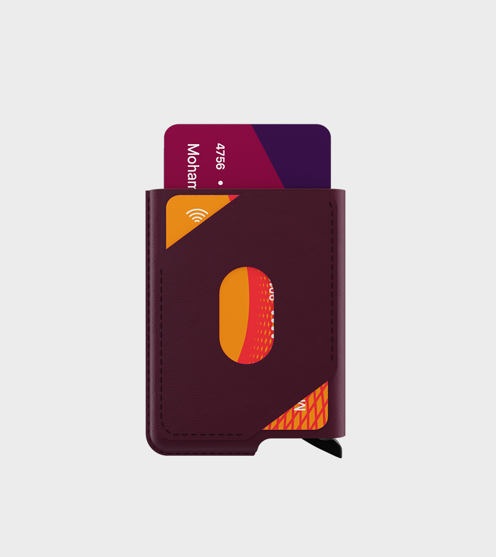 Maroon RFID-blocking wallet with contactless credit cards peeking out"