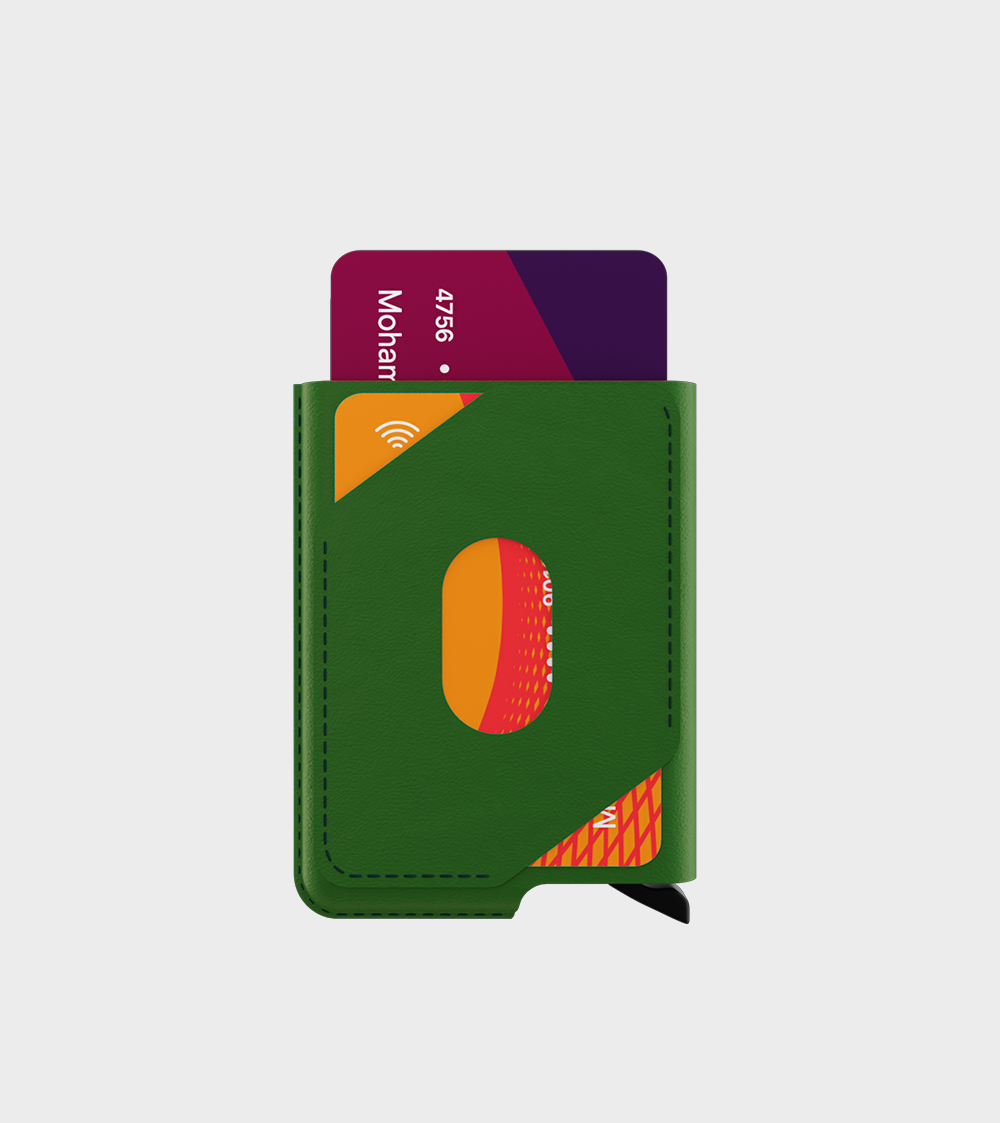 Green cardholder wallet with contactless credit cards emerging from slot.